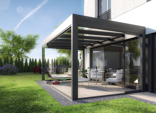 Cubo Ezie Terrassenüberdachung im kubischen Stil 4,5m x 2,5m, Glaseindeckung